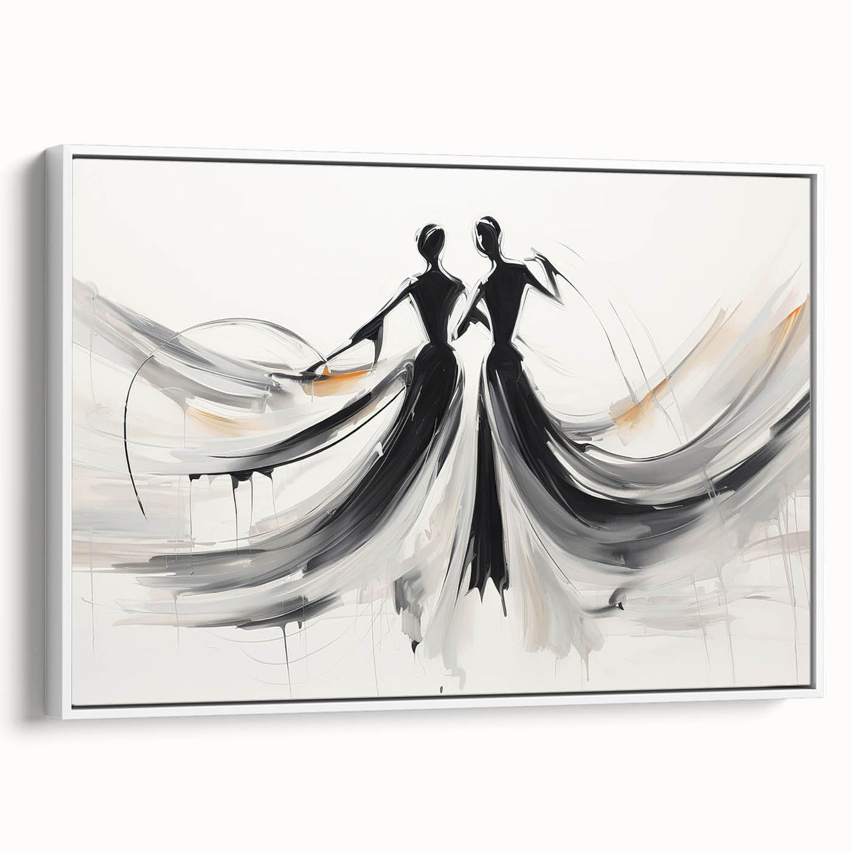 Framed abstract figurative wall art design showcasing vibrant colors and dynamic shapes, set against a sleek white frame for modern decor.