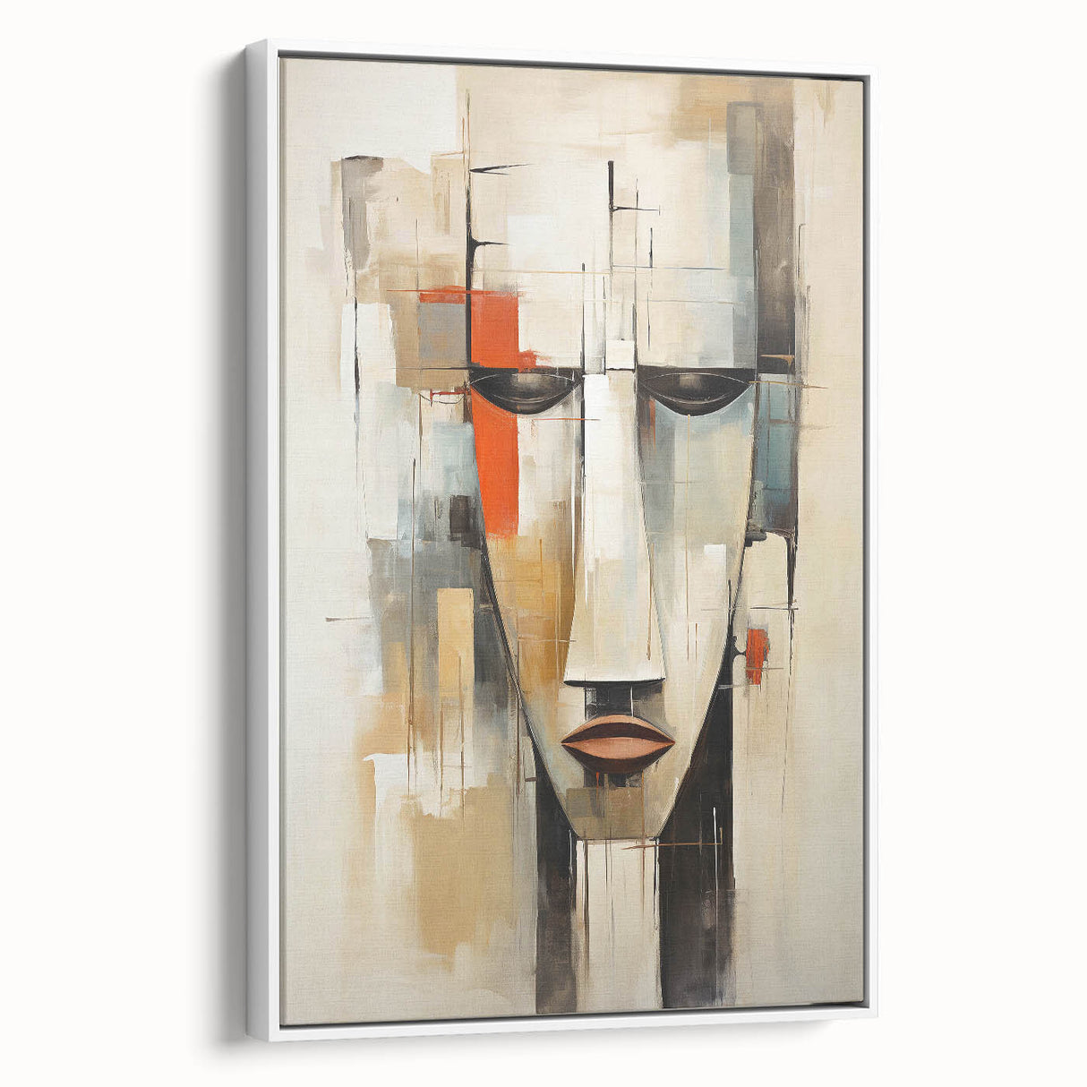 Framed abstract figurative wall art in white, showcasing vibrant colors and dynamic shapes, ideal for modern home decor.