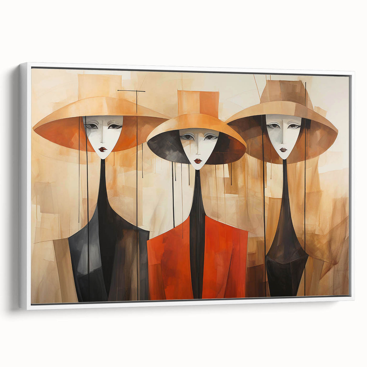 Framed abstract figurative wall art collection showcasing a geometric design with vibrant colors, displayed in a sleek white frame.