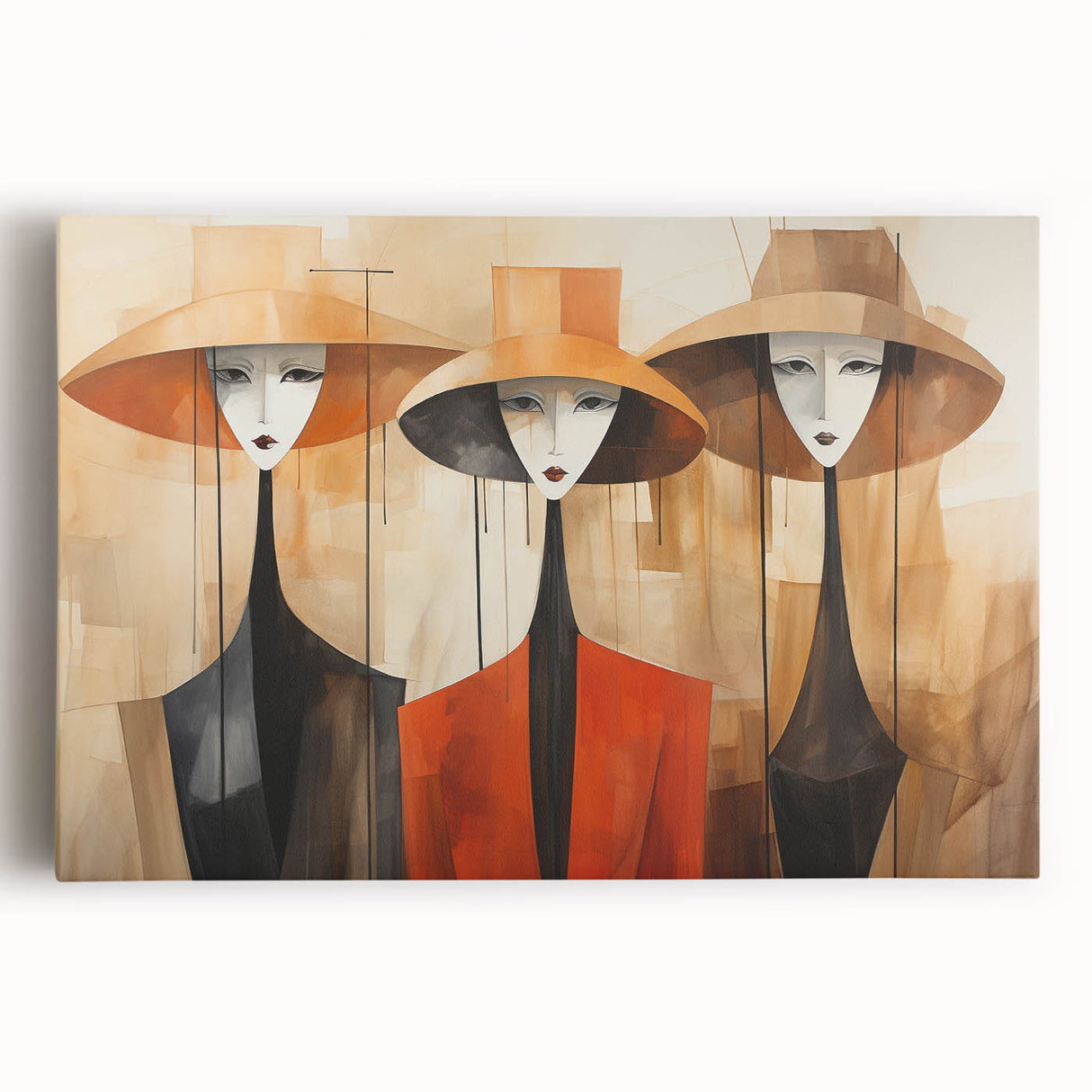 Abstract figurative wall art collection on stretched canvas, showcasing vibrant colors and dynamic shapes, ideal for modern home decor.