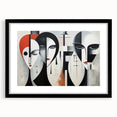 Abstract figurative wall art collection featuring a black frame and mat, showcasing vibrant colors and unique shapes for modern decor.