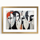 Abstract figurative wall art design in a gold frame with matting, showcasing vibrant colors and modern artistic elements, ideal for home decor.