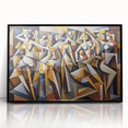 Framed abstract figurative wall art with a black acrylic finish, showcasing vibrant colors and dynamic shapes, perfect for modern decor.