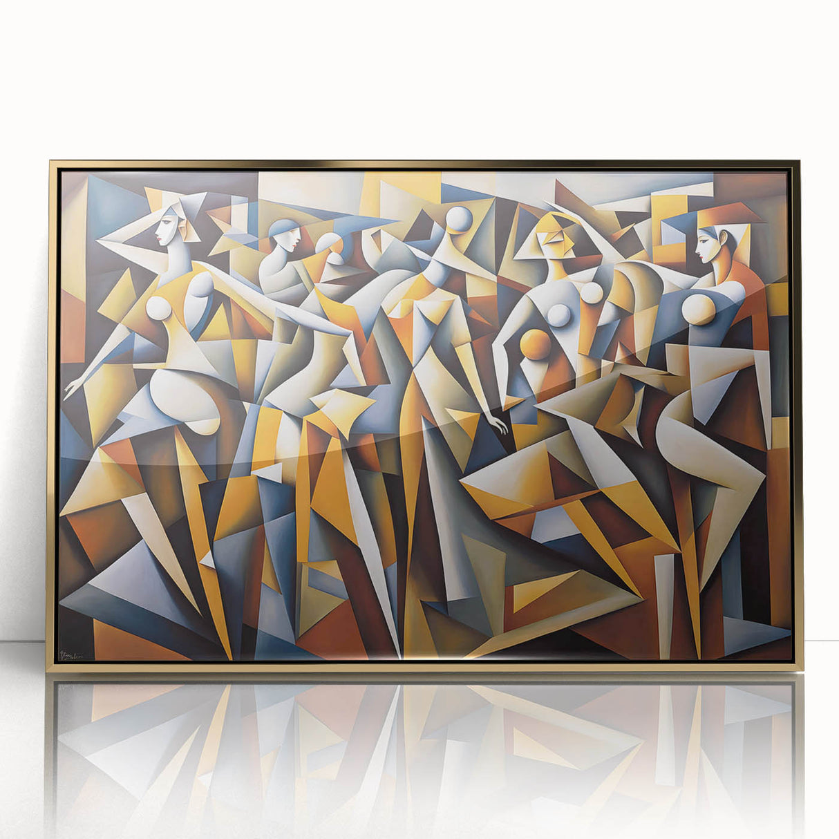 Framed abstract figurative wall art with gold accents, showcasing fluid shapes and vibrant colors, perfect for modern decor.