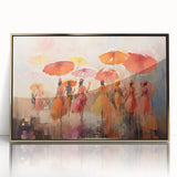 Framed abstract figurative wall art design showcasing vibrant colors and dynamic shapes, displayed with a sleek gold frame for an elegant touch.