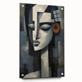 Abstract figurative wall art design in acrylic glass, showcasing vibrant colors and unique shapes, displayed with stylish pins on a clean background.