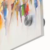 Close-up of an abstract figurative wall art piece in vibrant colors, showcasing unique shapes and textures on acrylic glass for artistic decor.