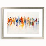 Framed abstract figurative wall art in silver, showcasing vibrant colors and dynamic shapes, perfect for modern home decor.