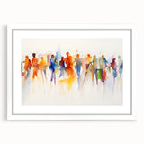 Abstract figurative wall art design showcasing vibrant colors and dynamic shapes, elegantly framed with a white mat for a modern aesthetic.