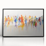 Framed abstract figurative wall art design showcasing bold colors and dynamic shapes in a sleek black frame, perfect for modern decor.