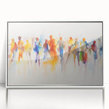 Framed abstract figurative wall art showcasing vibrant colors and dynamic shapes, elegantly displayed with a white frame for modern decor.