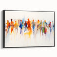Framed abstract figurative wall art in a sleek black frame, showcasing modern design with vibrant colors and dynamic shapes, perfect for contemporary decor.
