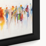 Close-up of a framed abstract figurative wall art piece, showcasing vibrant colors and fluid shapes, perfect for modern home decor.