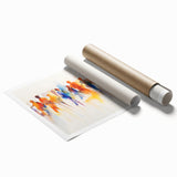 Abstract figurative wall art print showcasing vibrant colors and dynamic shapes, rolled for easy shipping and display in various settings.