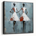 Framed abstract figurative wall art featuring vibrant colors and dynamic shapes, displayed from the side to showcase its black frame and depth.