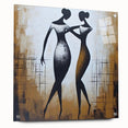 Abstract figurative wall art design displayed in a sleek acrylic glass frame, showcasing vibrant colors and dynamic shapes, ideal for modern decor.