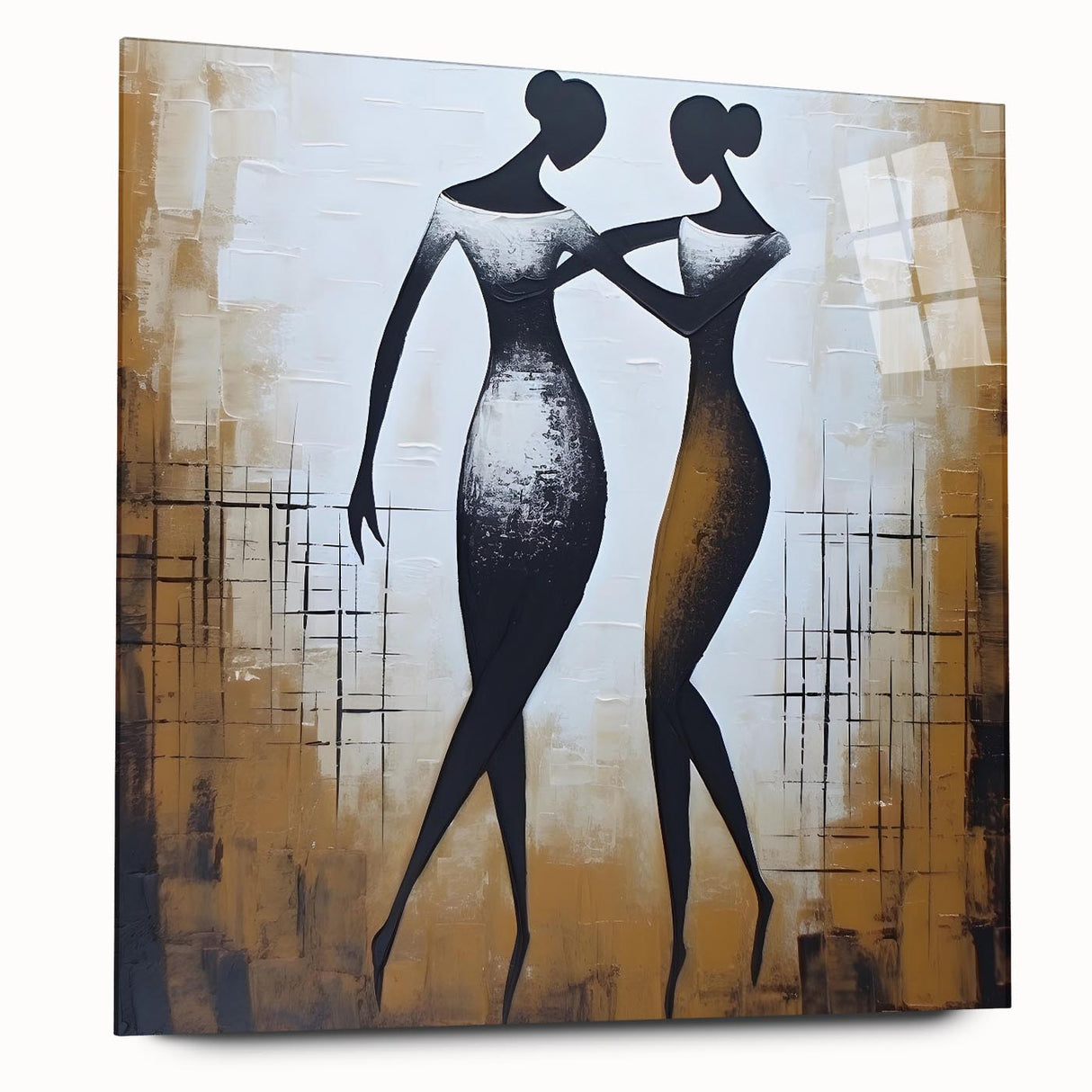 Abstract figurative wall art design on acrylic glass showcasing vibrant colors and unique shapes, ideal for modern home decor and gallery settings.