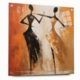 Abstract figurative wall art design showcasing vibrant colors and dynamic shapes, displayed in an acrylic glass frame with mounting pins.