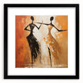 Framed abstract figurative wall art design showcasing vibrant colors and dynamic shapes, featuring a sleek black frame and matting for elegance.