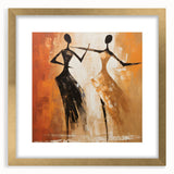 Abstract figurative wall art design in a gold frame with mat, showcasing vibrant colors and artistic shapes, ideal for modern decor.