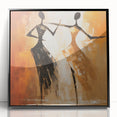 Framed abstract figurative wall art design showcasing vibrant colors and dynamic shapes, set against a sleek black frame for modern decor.