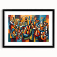 Framed abstract figurative wall art in black, showcasing vibrant colors and modern design elements, perfect for contemporary home decor.