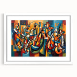 Framed abstract figurative wall art design with a white mat, showcasing vibrant colors and unique shapes, perfect for modern decor.