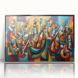 Framed abstract figurative wall art design showcasing vibrant colors and dynamic shapes, set in a sleek silver frame for modern decor.