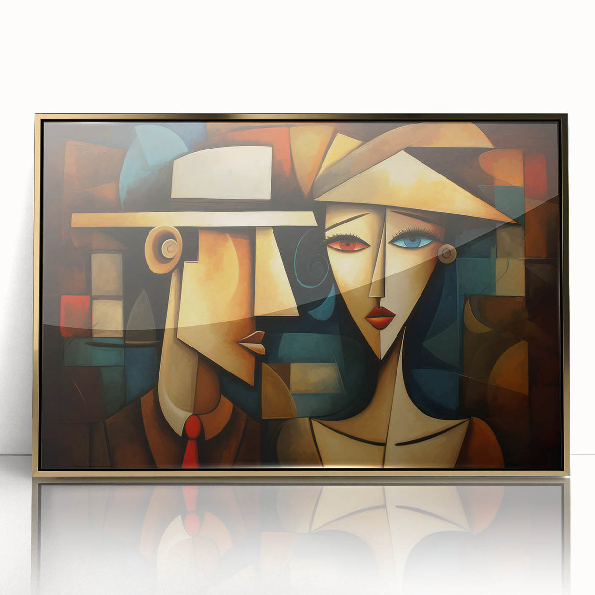 Framed abstract figurative wall art with gold accents, showcasing a modern design and sleek acrylic finish, perfect for enhancing décor.
