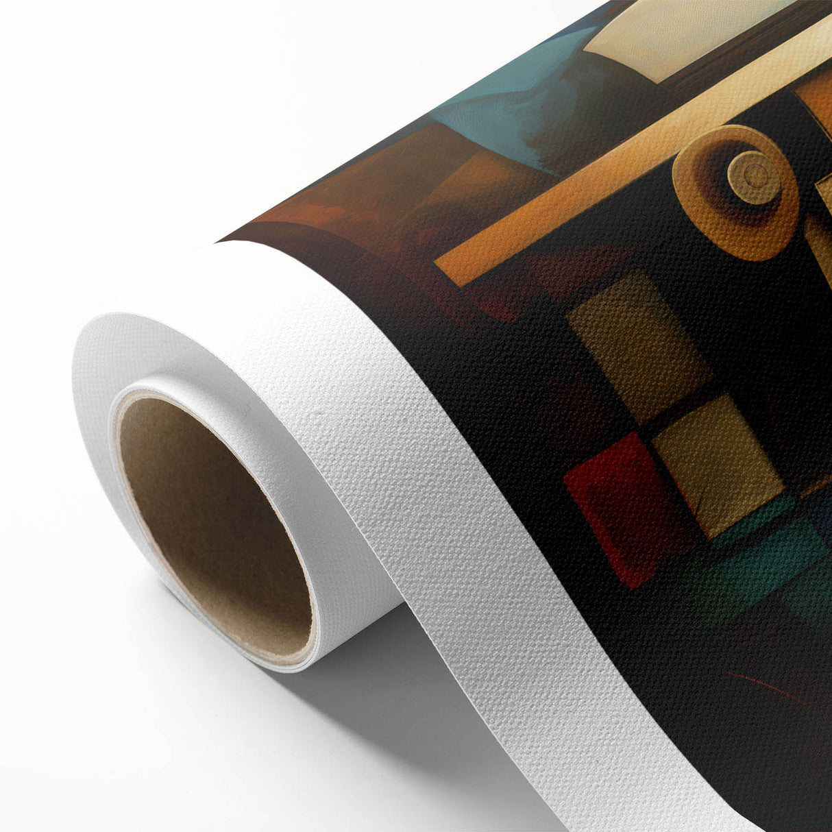 Abstract figurative wall art design on rolled canvas showcasing vibrant colors and fluid shapes, perfect for modern home décor.