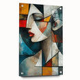 Abstract figurative wall art piece displayed at a side angle, showcasing vibrant colors and unique pin details, ideal for modern decor.