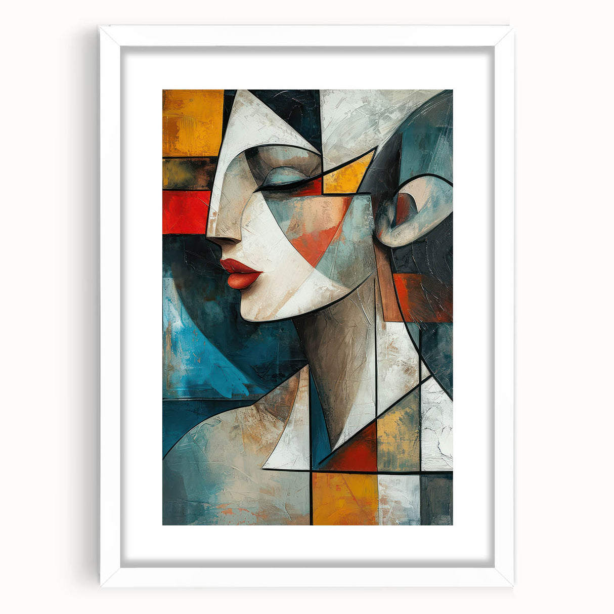 Framed abstract figurative wall art in a white mat and frame, showcasing vibrant colors and modern design, perfect for contemporary decor.