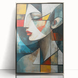 Framed abstract figurative wall art design showcasing vibrant colors and dynamic shapes in a sleek silver frame, adding contemporary flair.