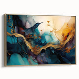 Framed abstract figurative wall art with a gold border, showcasing vibrant colors and dynamic shapes that enhance modern decor.