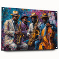 Acrylic glass wall art collection showcasing an abstract figurative design with vibrant colors and a modern aesthetic, displayed with pins for an elegant side view.
