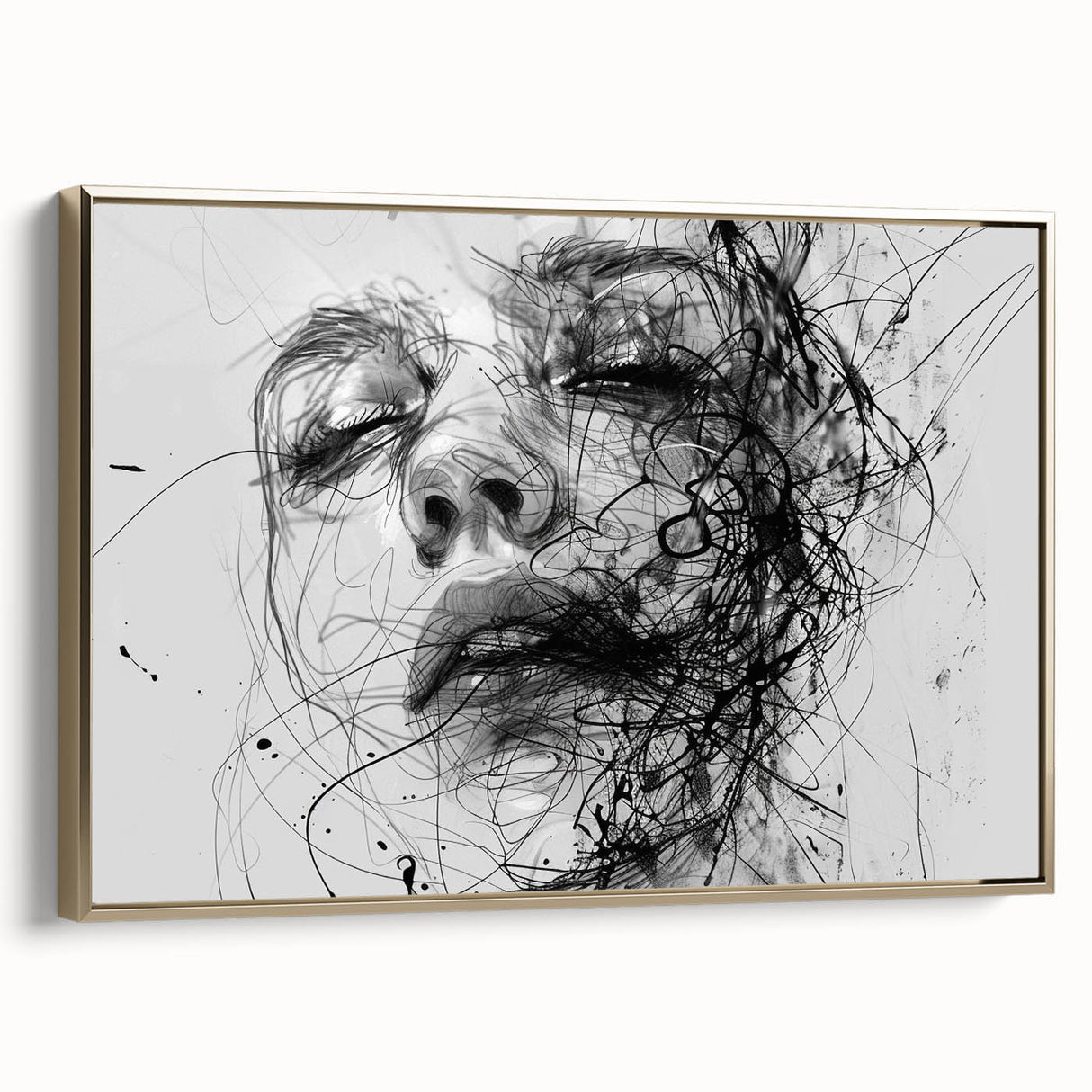 Framed abstract figurative wall art collection showcasing a gold and black design, elegantly displayed from a side view with a sleek finish.