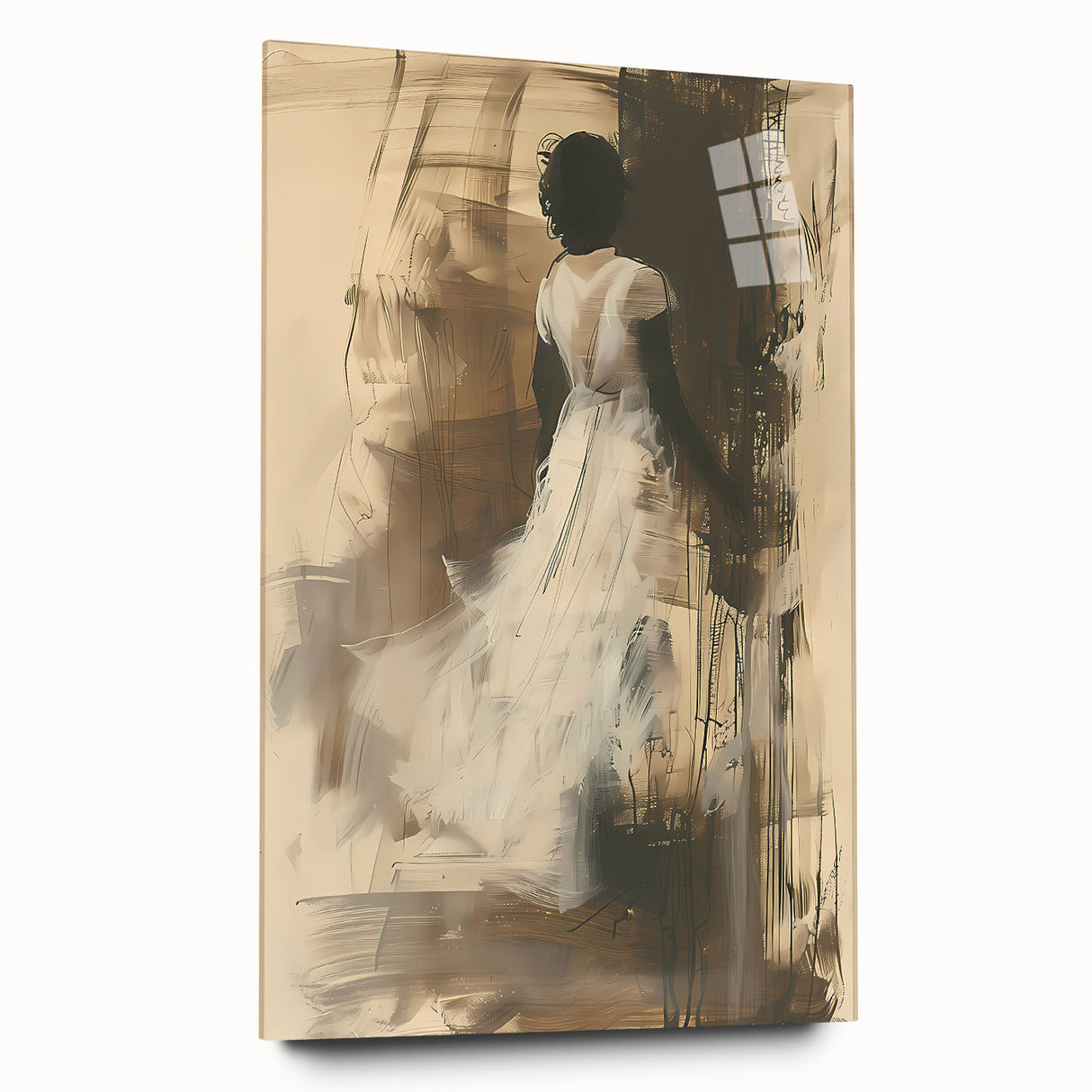 Abstract figurative wall art collection displayed in a side view, showcasing vibrant colors and dynamic shapes on acrylic glass, perfect for modern decor.