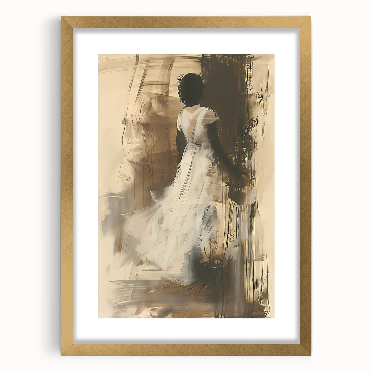 Abstract figurative wall art design in a gold frame, showcasing vibrant colors and dynamic shapes, ideal for modern home decor.