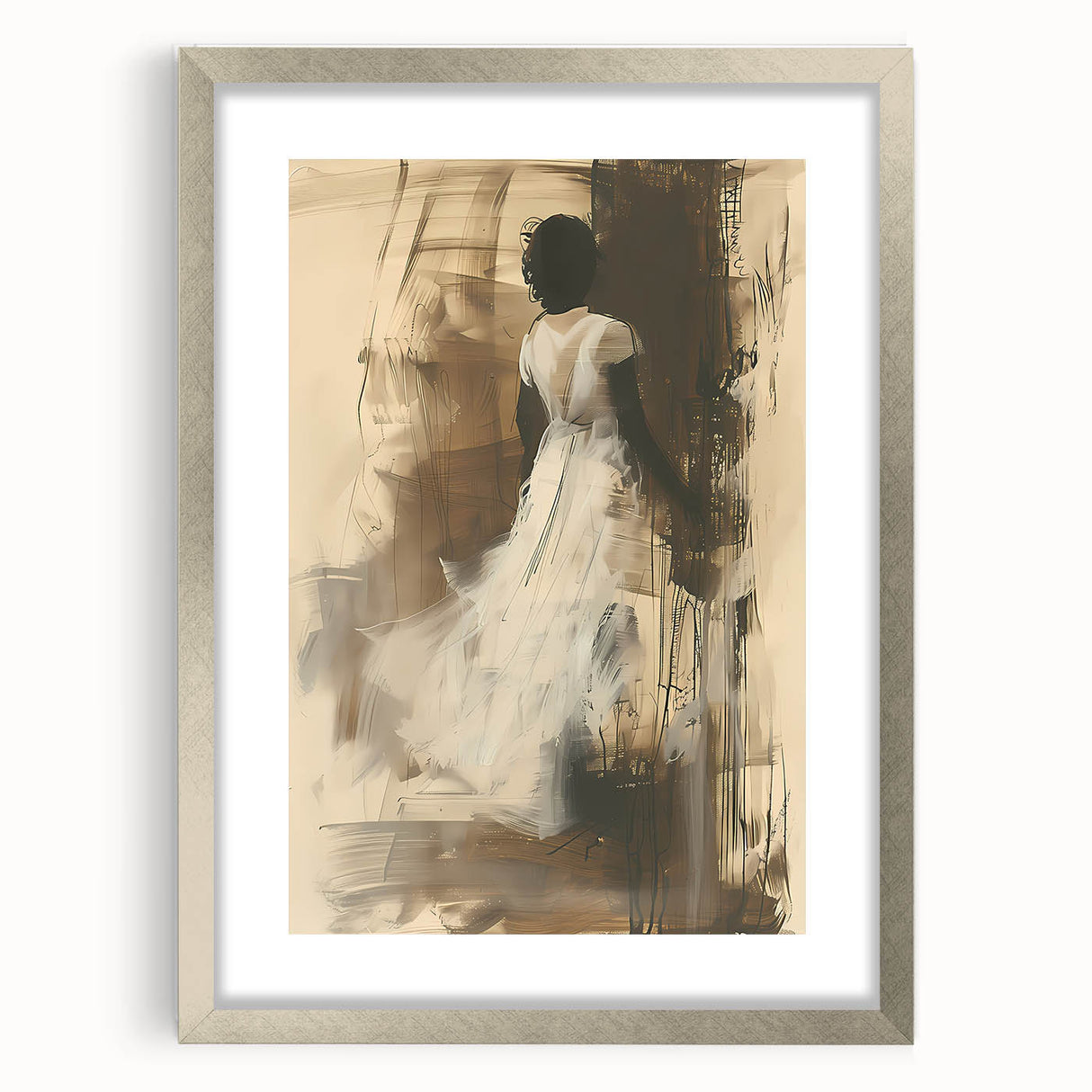 Framed abstract figurative wall art design featuring vibrant colors and unique shapes, set in a sleek silver frame with a white mat.