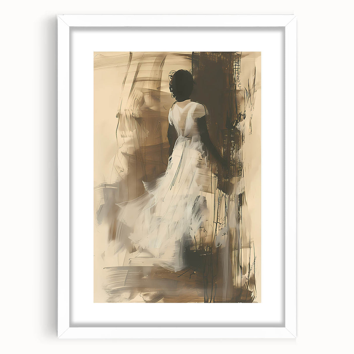 Framed abstract figurative wall art design featuring vibrant colors and fluid shapes, presented in a sleek white frame with a mat for an elegant touch.
