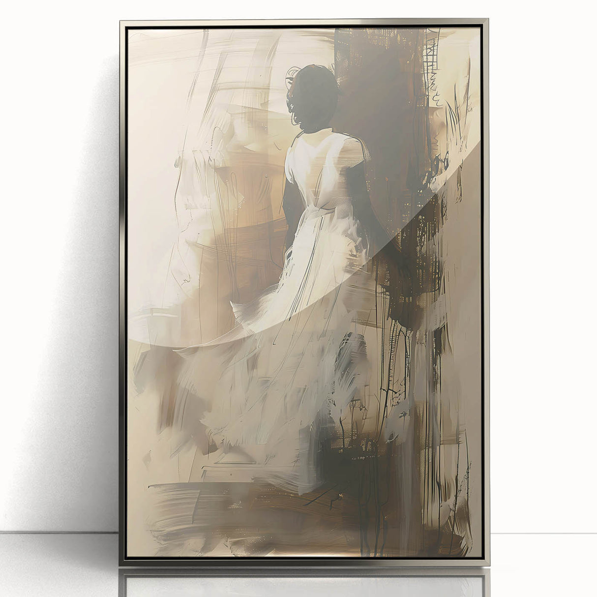 Framed abstract figurative wall art in a sleek silver frame, showcasing vibrant colors and dynamic shapes, perfect for modern decor.