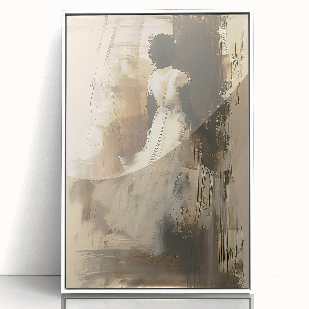 Framed abstract figurative wall art in a white frame, showcasing vibrant colors and dynamic shapes, perfect for modern decor.