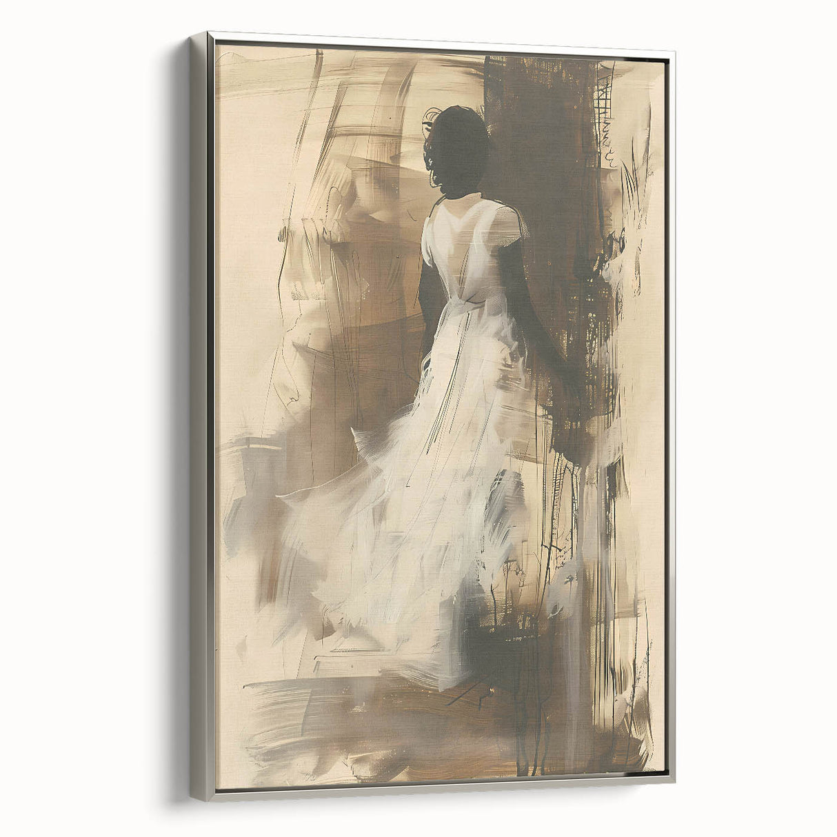 Framed abstract figurative wall art in silver, showcasing a modern design with soft curves and vibrant colors, ideal for contemporary decor.