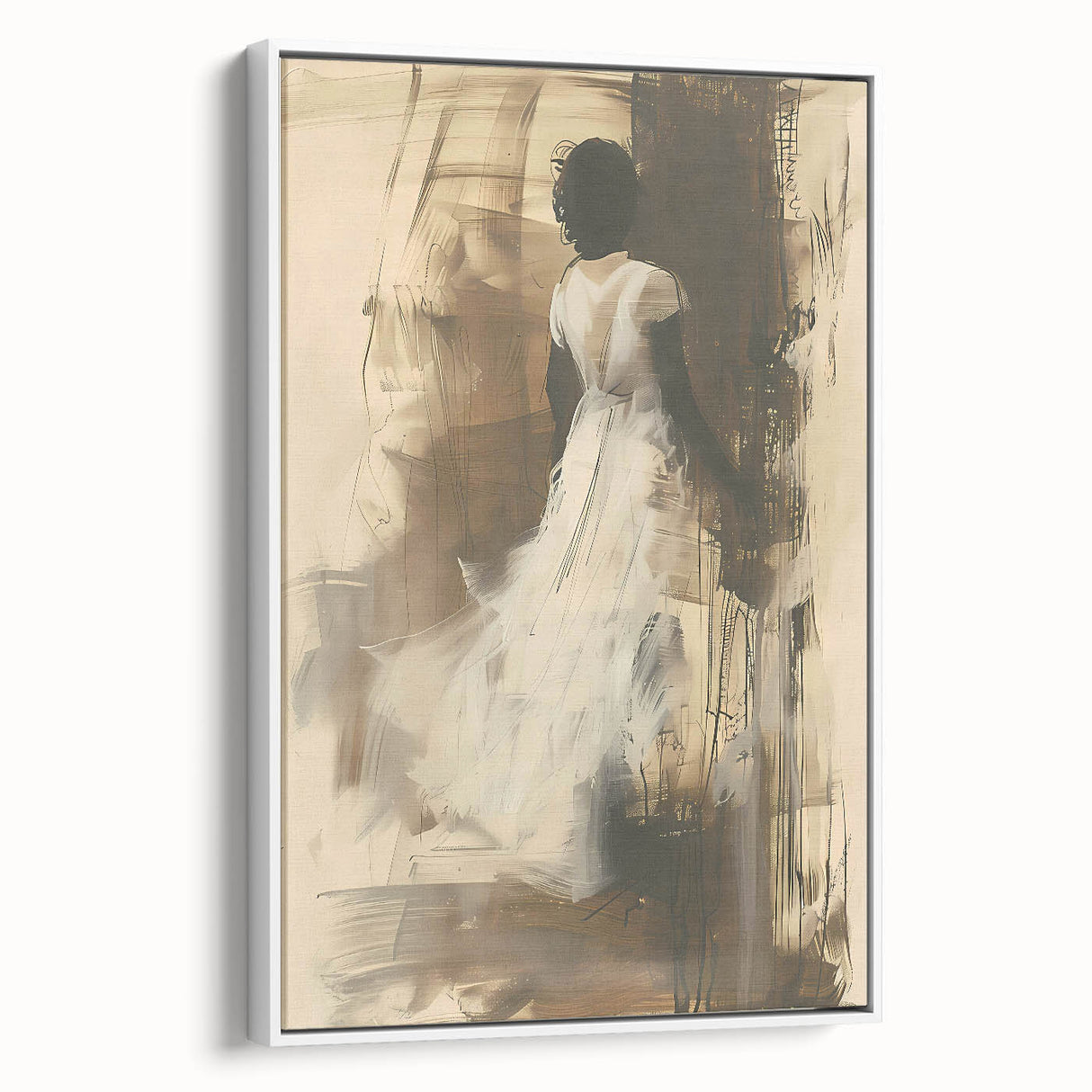 Framed abstract figurative wall art in a white frame, showcasing vibrant colors and dynamic shapes, viewed from the side for depth.
