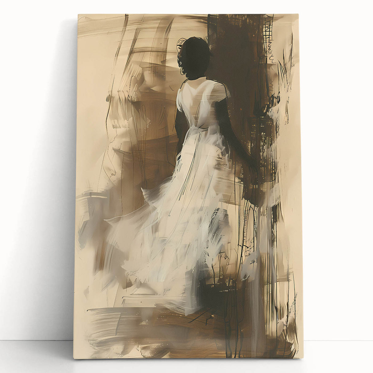 Abstract figurative wall art on stretched canvas, showcasing vibrant colors and dynamic shapes, perfect for modern home decor.