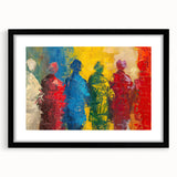 Framed abstract figurative wall art design showcasing vibrant colors and dynamic shapes, featuring a sleek black frame with matting.