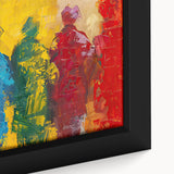 Close-up of a framed abstract figurative wall art piece showcasing vibrant colors and intricate brushstrokes, ideal for modern decor.