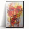 Framed abstract figurative wall art design showcasing vibrant colors and dynamic shapes, set against a sleek black frame for modern decor.