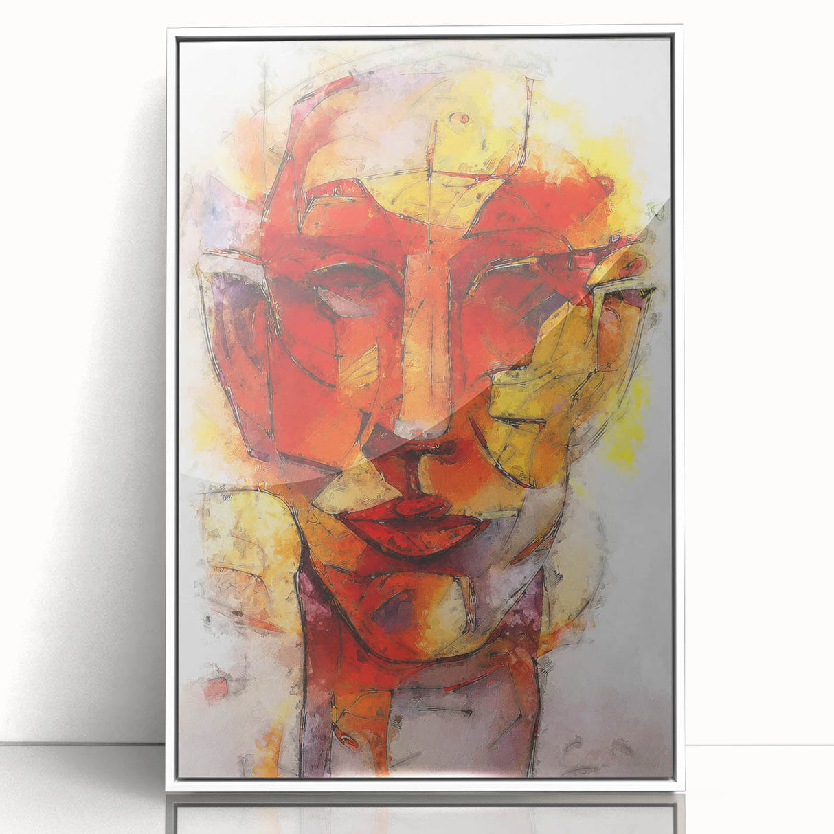 Framed abstract figurative wall art design showcasing vibrant colors and dynamic shapes, set against a white background for modern decor.