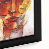 Close-up of an abstract figurative design wall art piece featuring vibrant colors and intricate brushwork, framed for an elegant display.